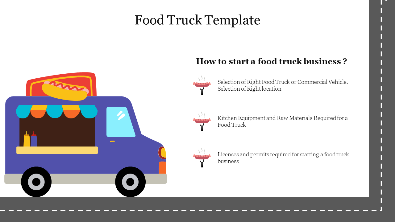 Illustration of a food truck with tips on starting a food truck business, including vehicle selection and permits.