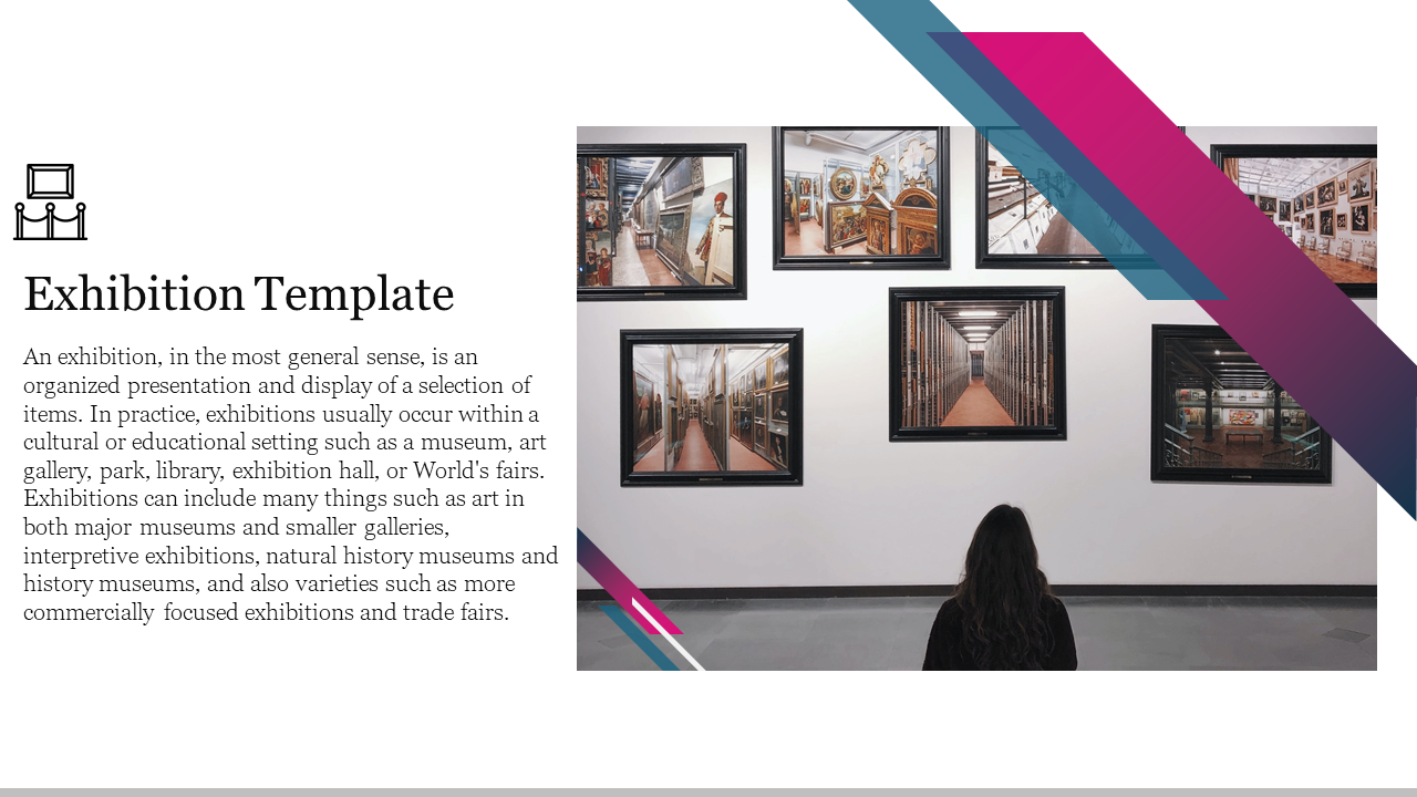 A viewer in a exhibition examines framed images; geometric accents in pink and blue add a dynamic touch with a caption area.