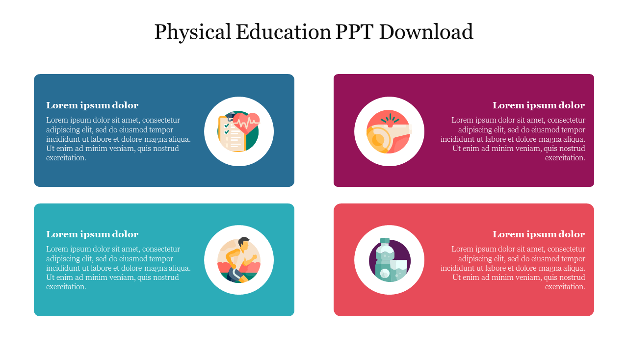 Physical education-themed slide with four icons representing aspects of fitness each in a color box with caption areas.