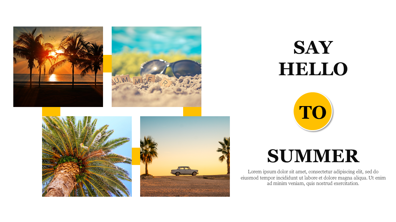 Bright and colorful summer presentation template with beach images, palm trees, and a cheerful message.