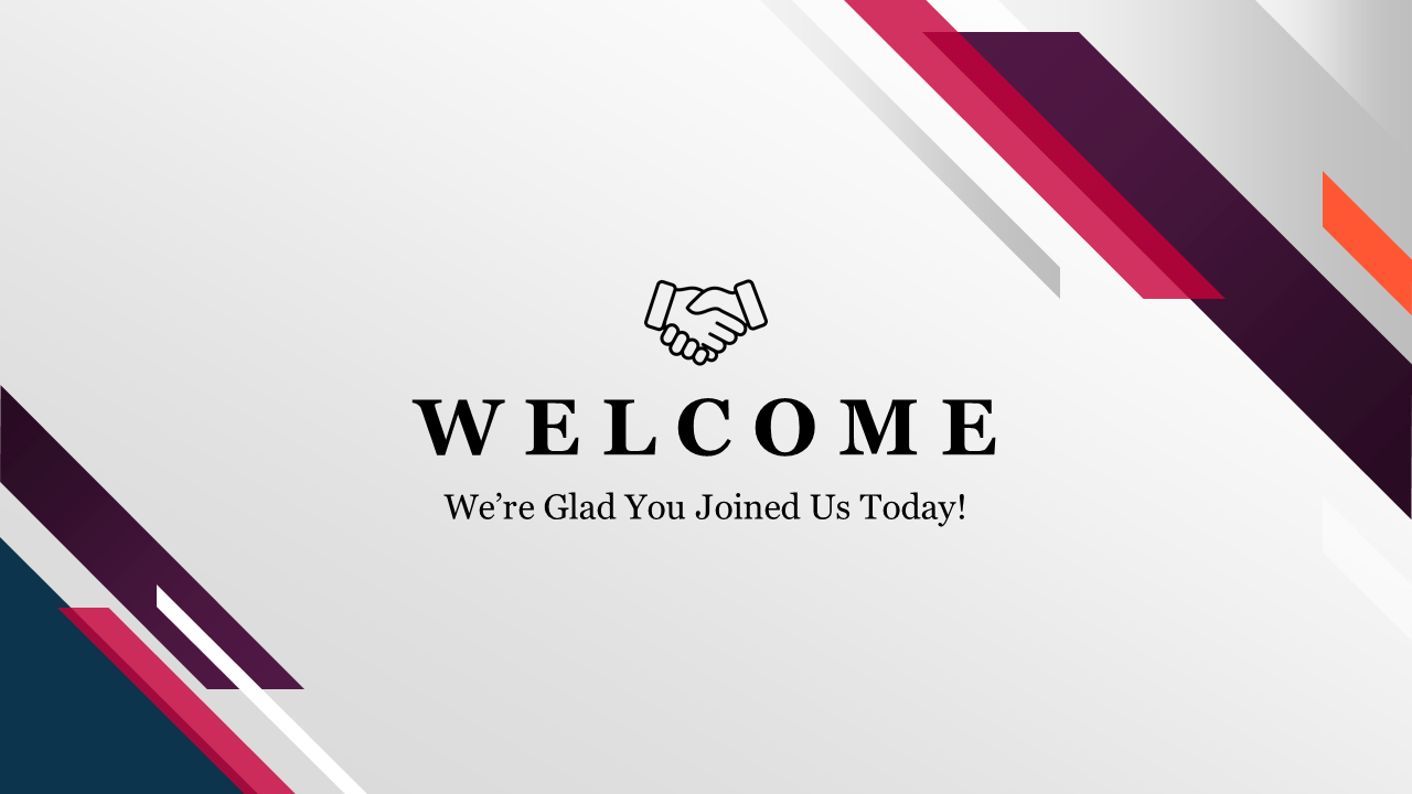 Welcome slide with handshake icon, greeting text on a white background, highlighted by shapes in red, purple, and orange.