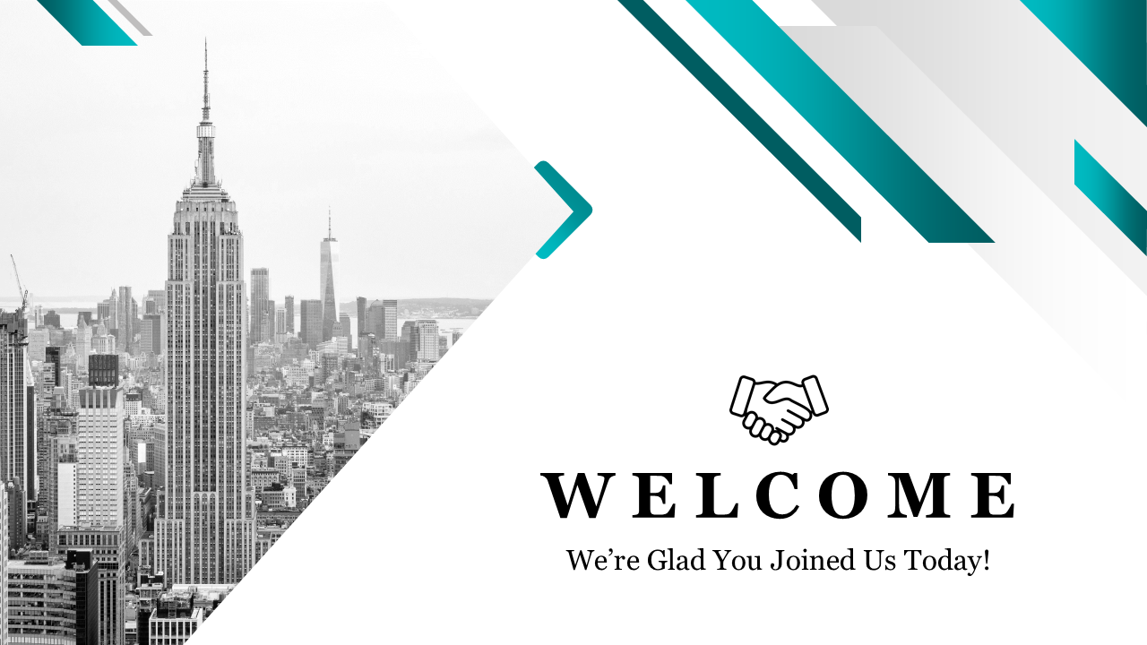 Welcome slide with a monochrome cityscape background and geometric shapes in teal, featuring a handshake icon.