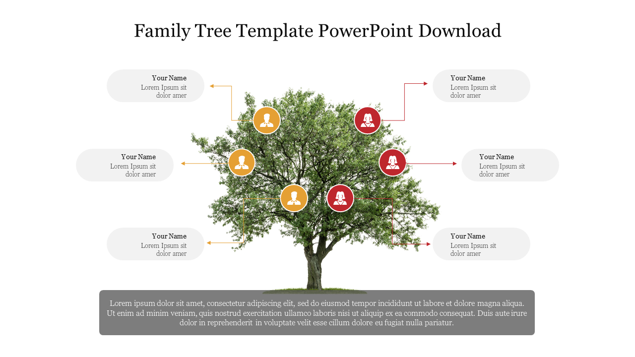 Family tree PowerPoint slide with a tree illustration and profile icons, each connected with lines and labeled with names.