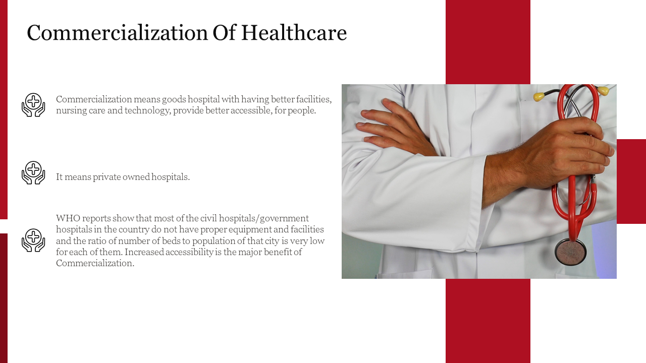 Slide on commercialization of healthcare, featuring a healthcare professional holding a stethoscope and a coin with text.