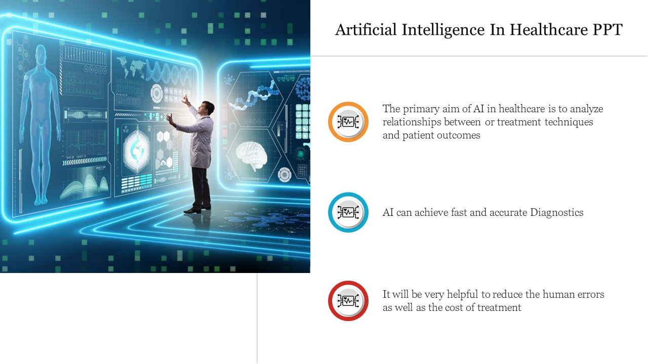 Doctors interact with AI powered medical interfaces, showing human anatomy and health data with icons and descriptions.