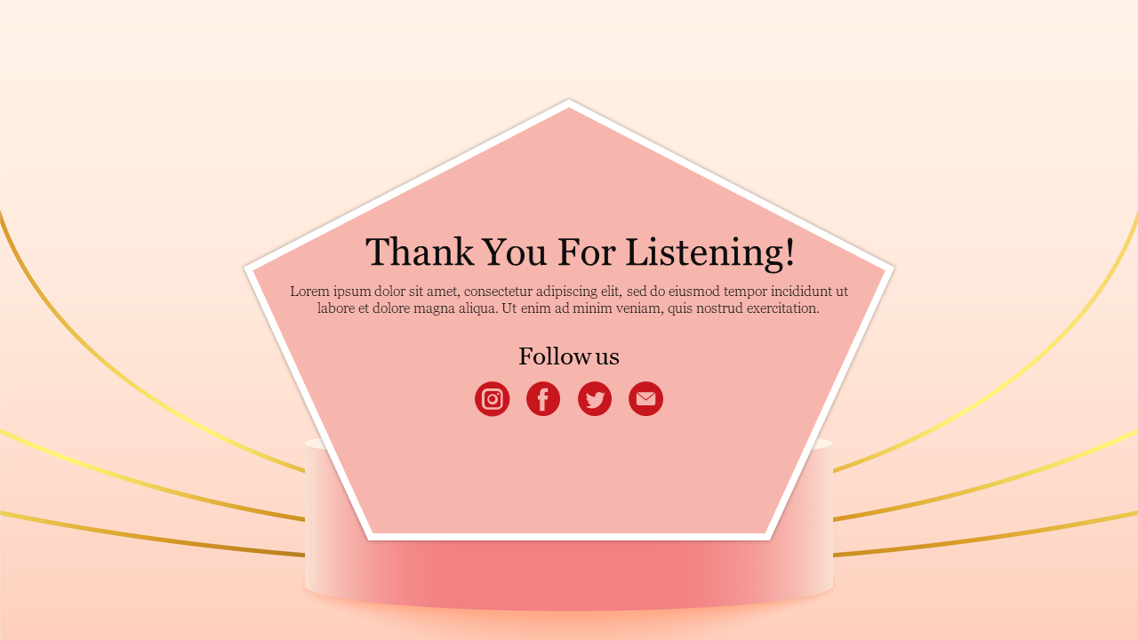 Thank you slide with a pink pentagon shape and social media icons, in a pastel background with a caption area.