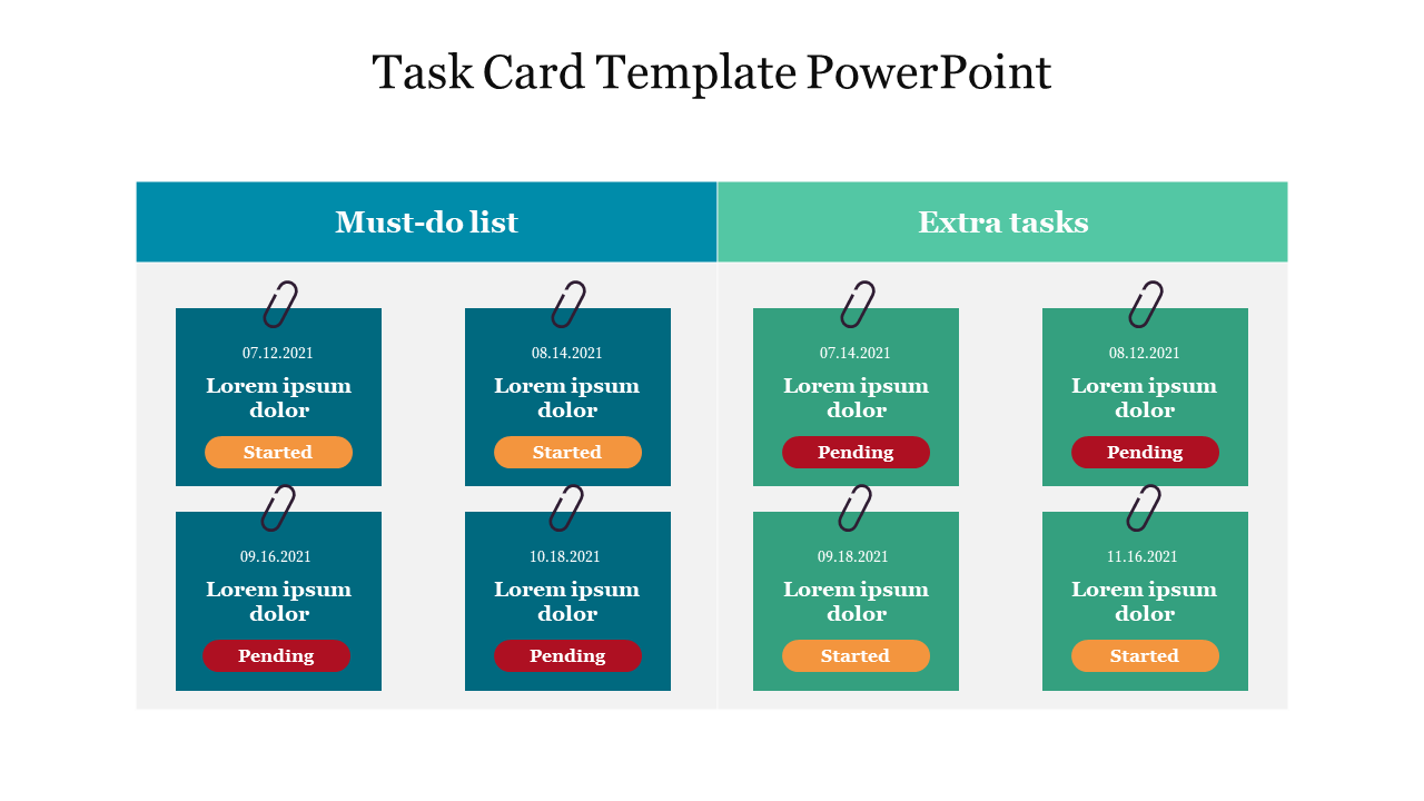 Task card layout with must-do list and extra tasks, each containing three cards with dates and status labels.