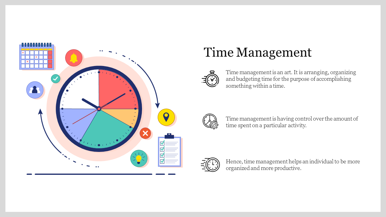 A colorful clock illustration with icons surrounding it, with time management text, set on a white background.