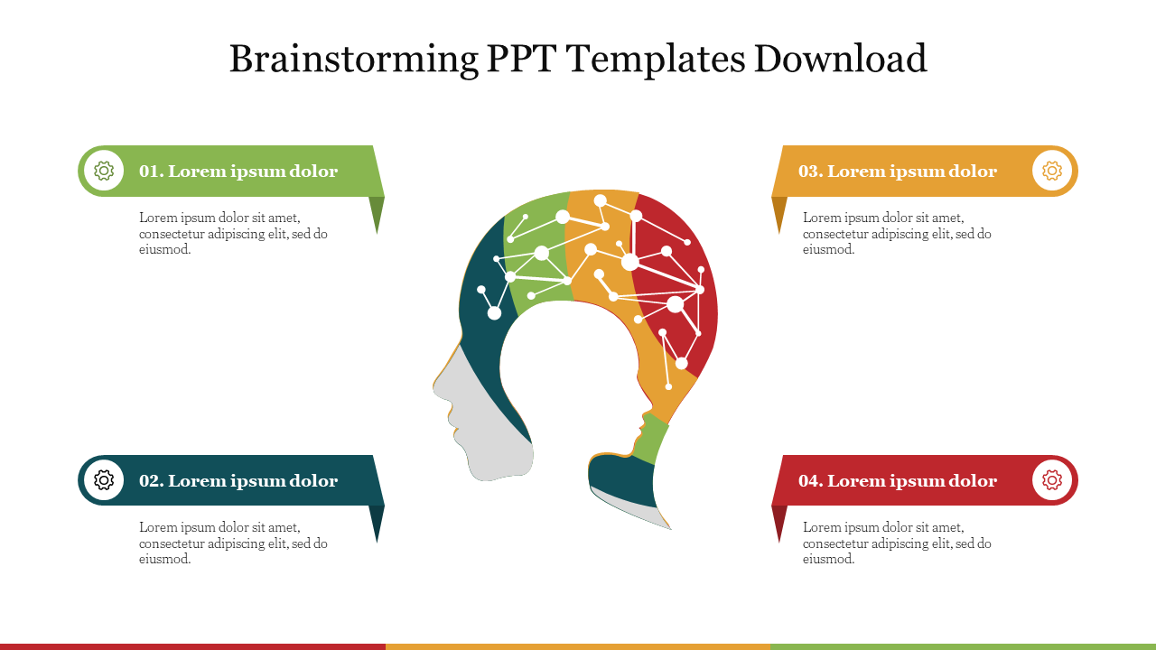 Brain-shaped silhouette with a multicolored design of connected nodes, surrounded by four caption boxes with icons.