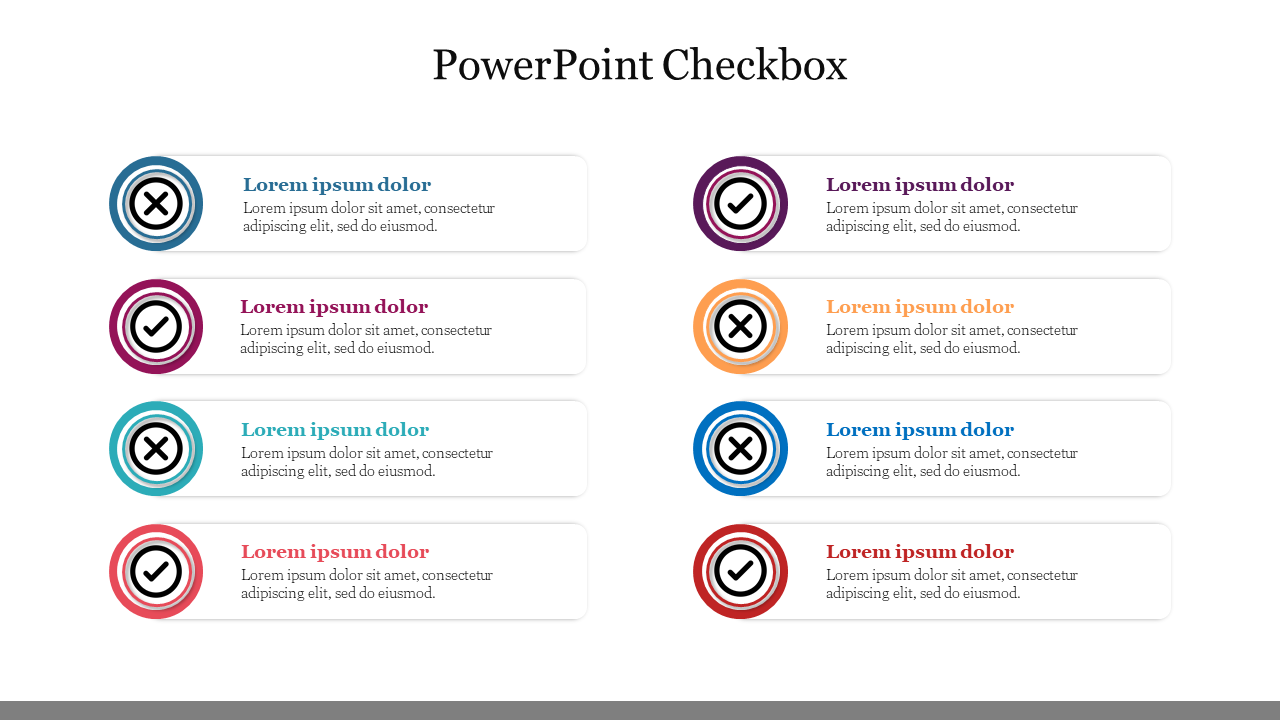 Two sets of vertical columns with colored checkboxes and text, featuring checked and unchecked icons on a white background.