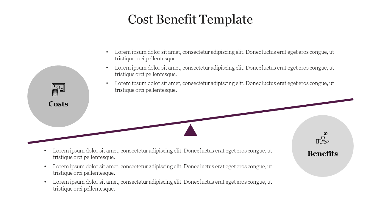 Slide displaying cost and benefit analysis with a tilted balance scale, with circular icons and bullet point lists.