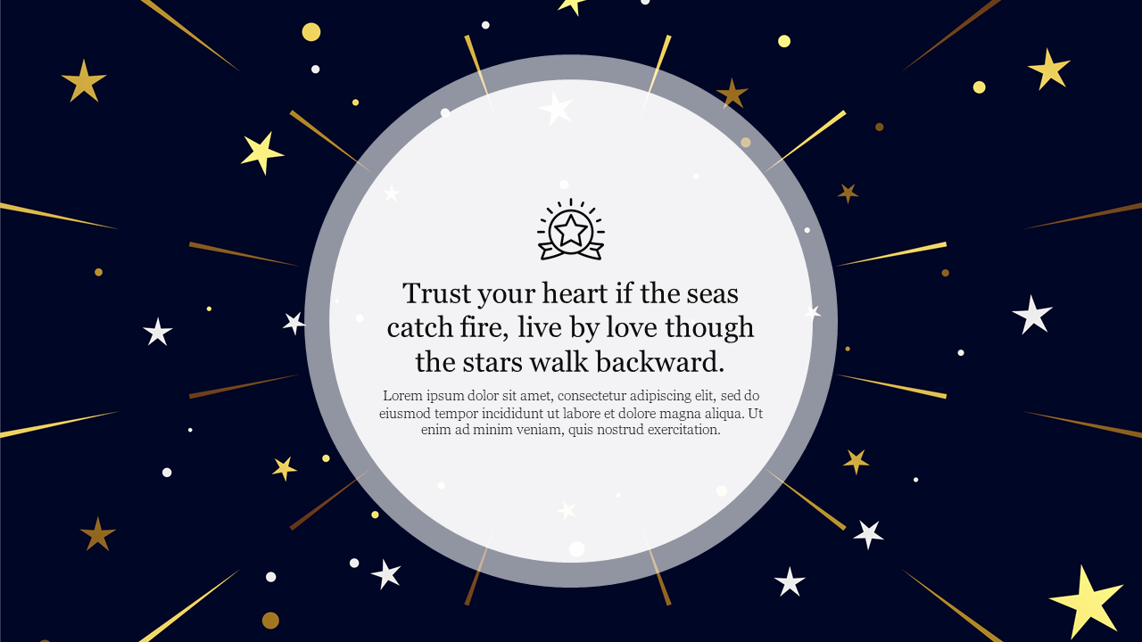 Slide featuring a central quote in a circular format surrounded by stars, emphasizing the theme of love and trust.