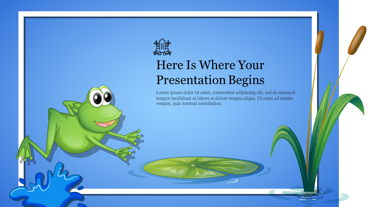 Illustration of a cheerful green frog jumping near a lily pad in a blue water scene with cattails on the right side.