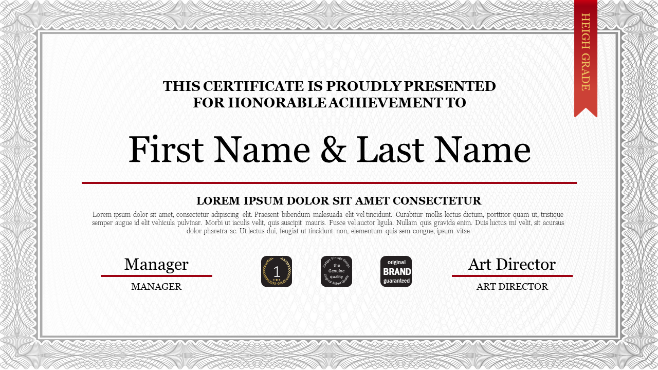 Certificate design with a border, recipient name, space for achievement details, signatures, and certification symbols.