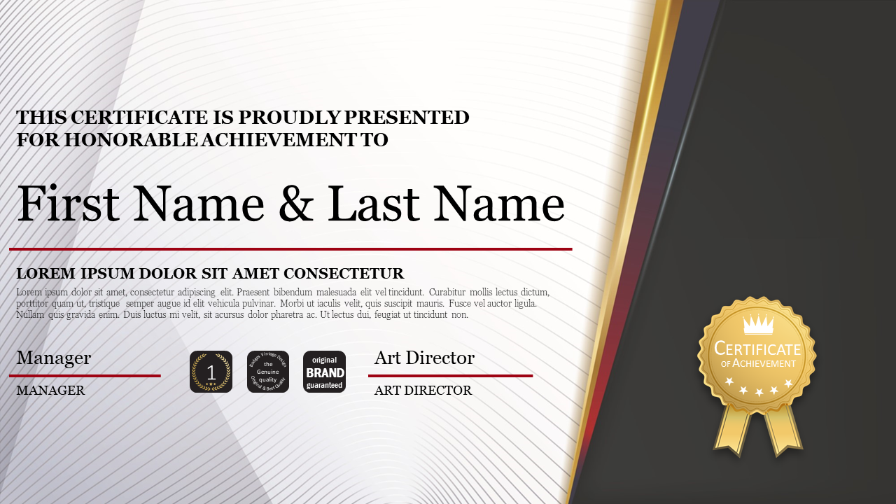 Elegant certificate template with award badge and signature fields for achievements.