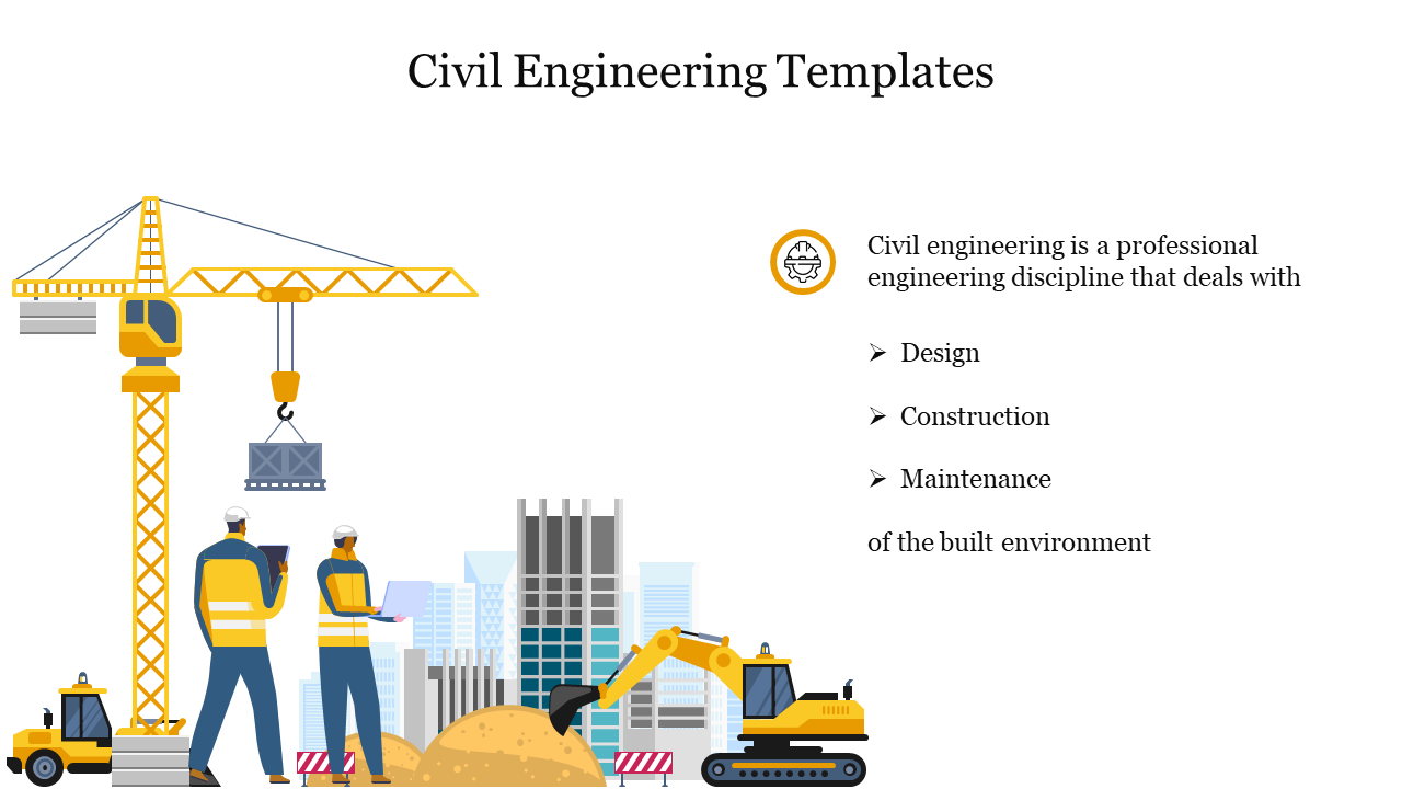 Slide with an illustration of two workers, a crane, and construction machinery with a description of civil engineering tasks.