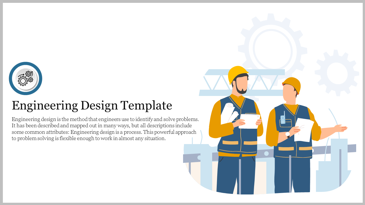 Two engineers in hard hats holding blueprints, with gears in the background, illustrating engineering design concepts.