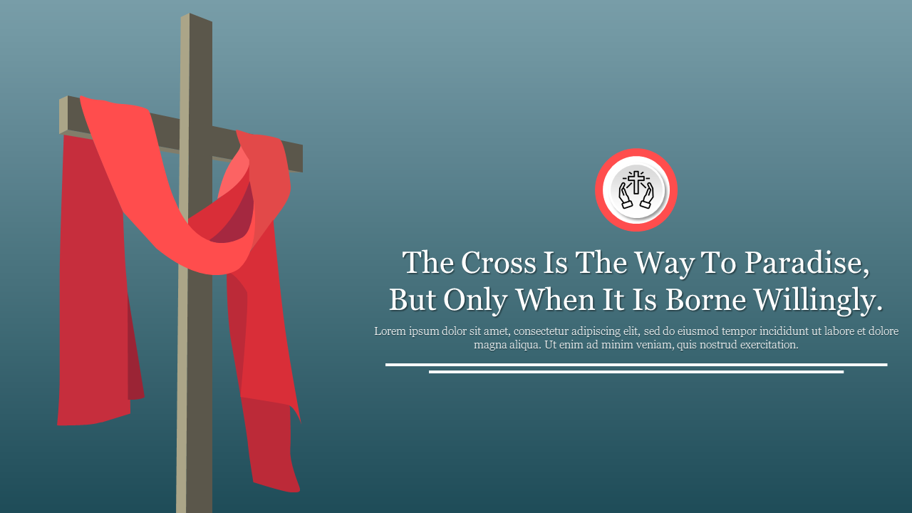 A wooden cross with a red fabric hanging, on a green gradient background, conveying a message of faith.