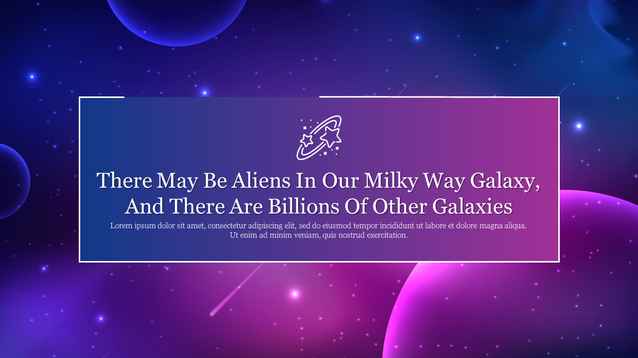 Galaxy themed slide with a centered text box, stars, and planets against a gradient purple and blue background sky.