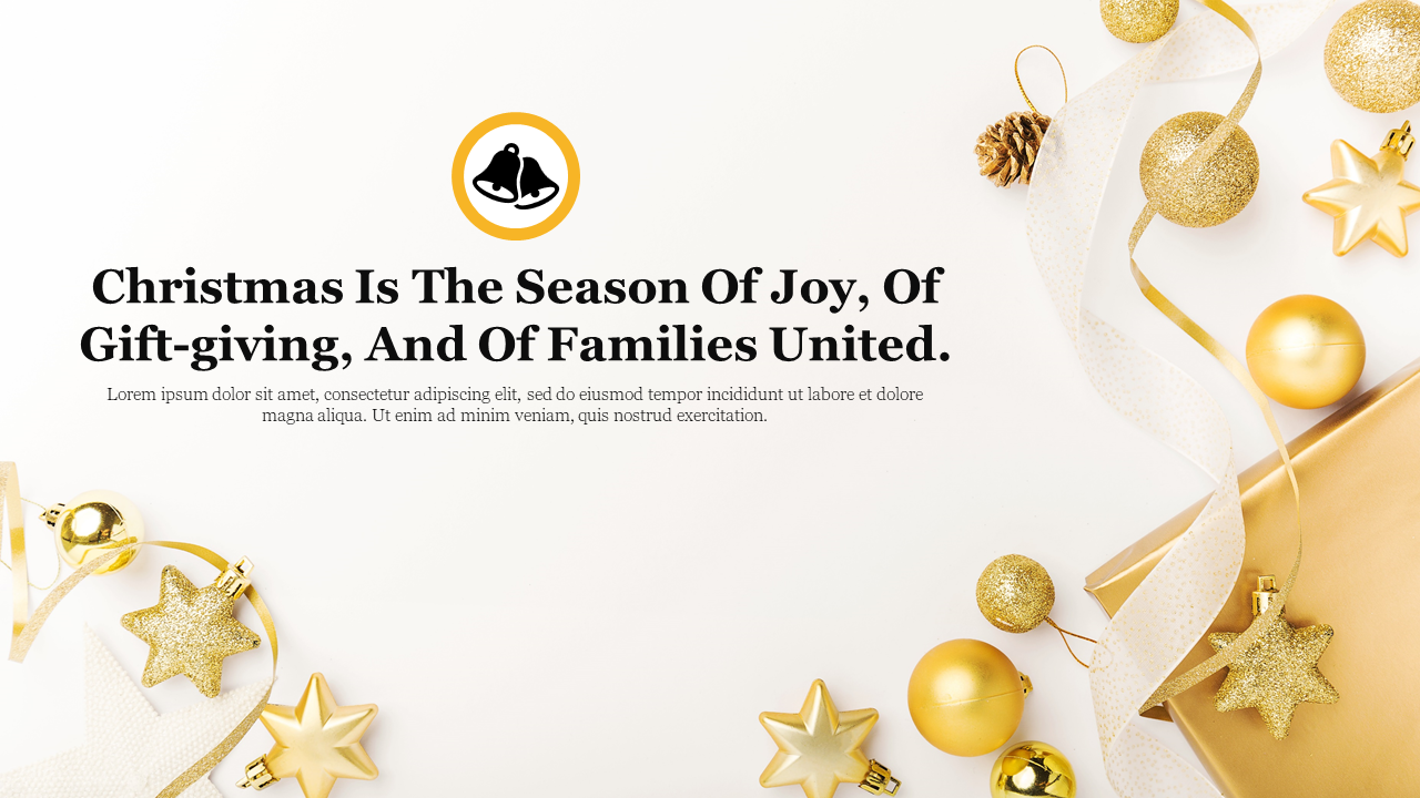 Holiday PowerPoint slide with a festive message, golden decorations, ribbons, and stars on a clean white background.