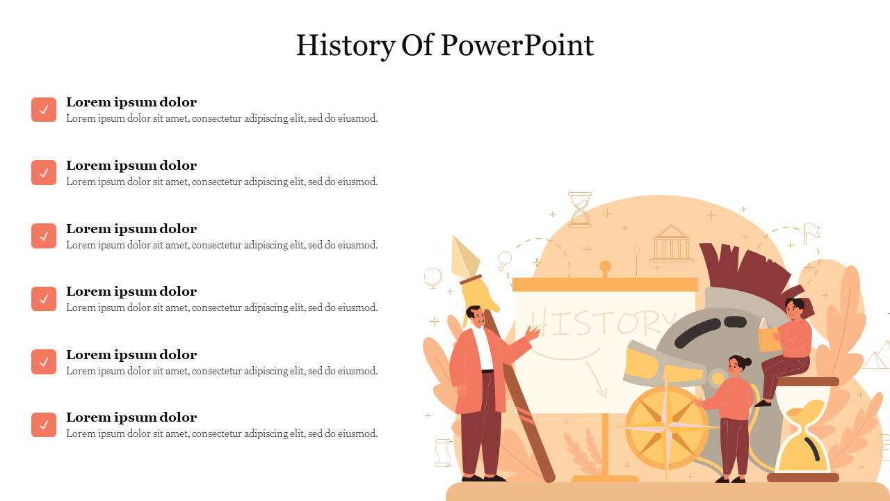 Illustration of a person pointing at a history chart, with six orange checkboxes on the left, on a beige color scheme.