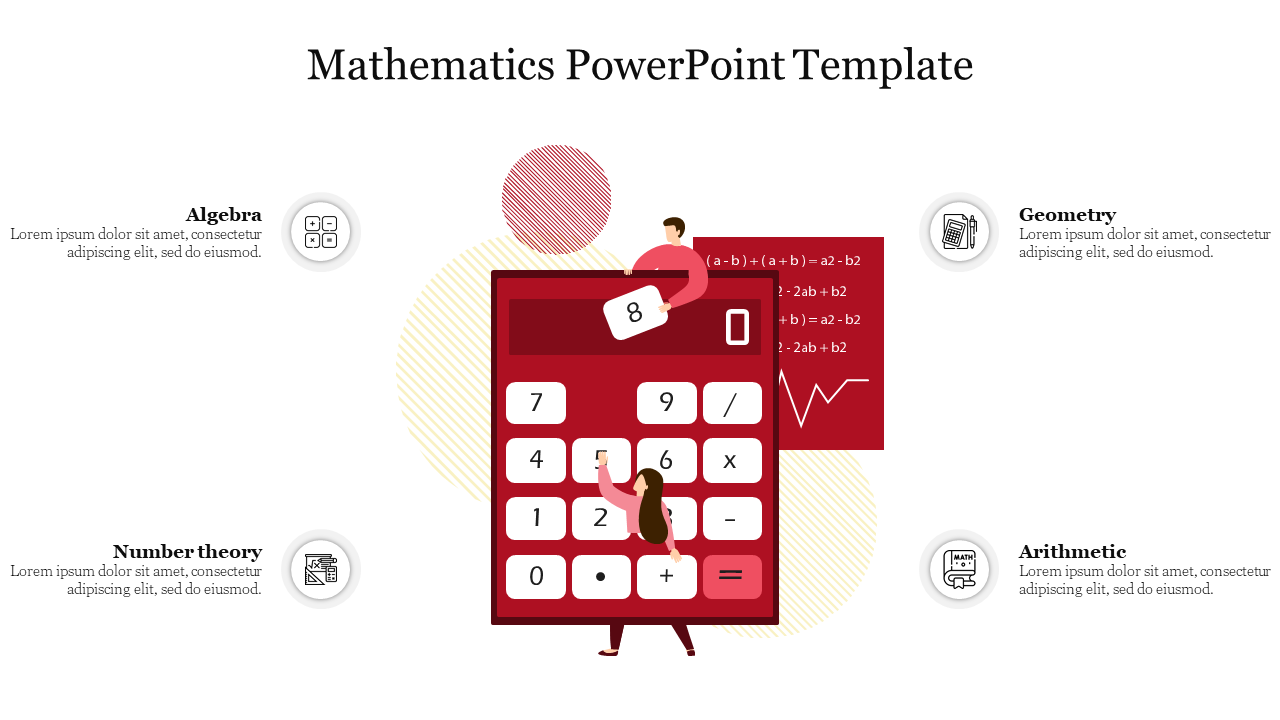 Red calculator illustration in the center with icons representing math concepts, surrounded by four text and circular shapes.