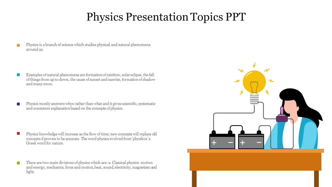 Physics topics slide with bullet points and an illustration of a person testing with batteries and a bulb with caption area.