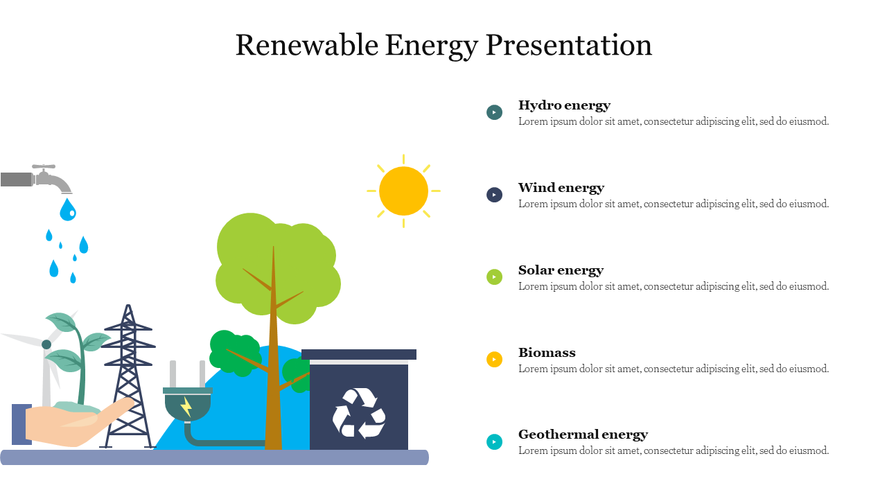 Illustration of renewable energy sources including hydro, wind, solar, biomass, and geothermal energy with bullet points.