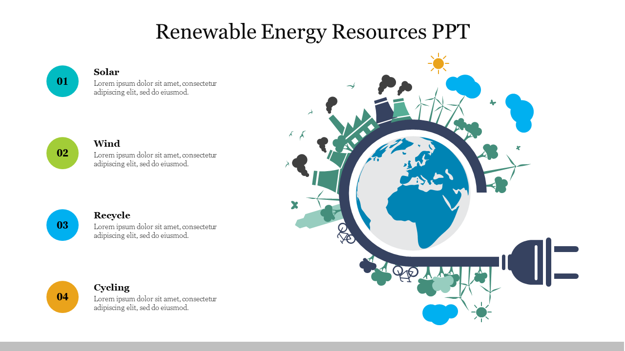 Renewable energy resources slide with a list of four items by a graphic of the Earth with icons connected to a power plug.