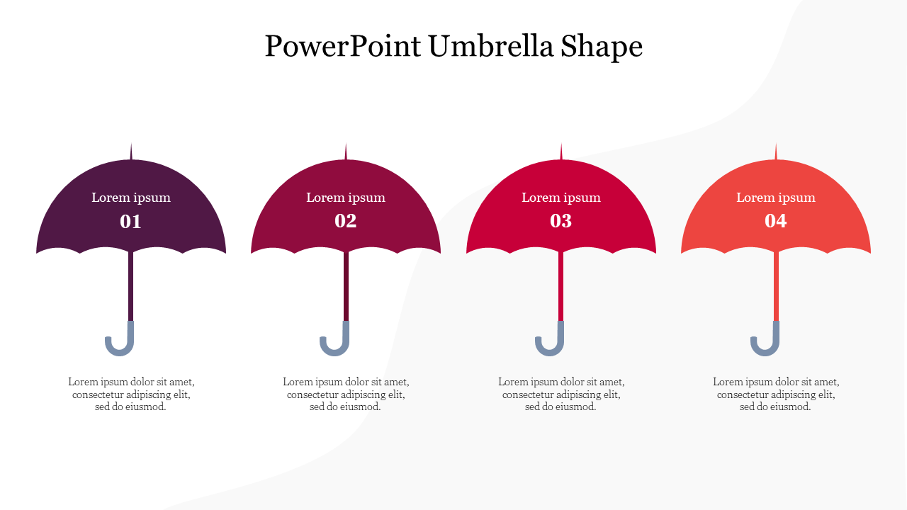 A creative colorful umbrella diagram PPT template with four distinct sections labeled with numbers and placeholder text.