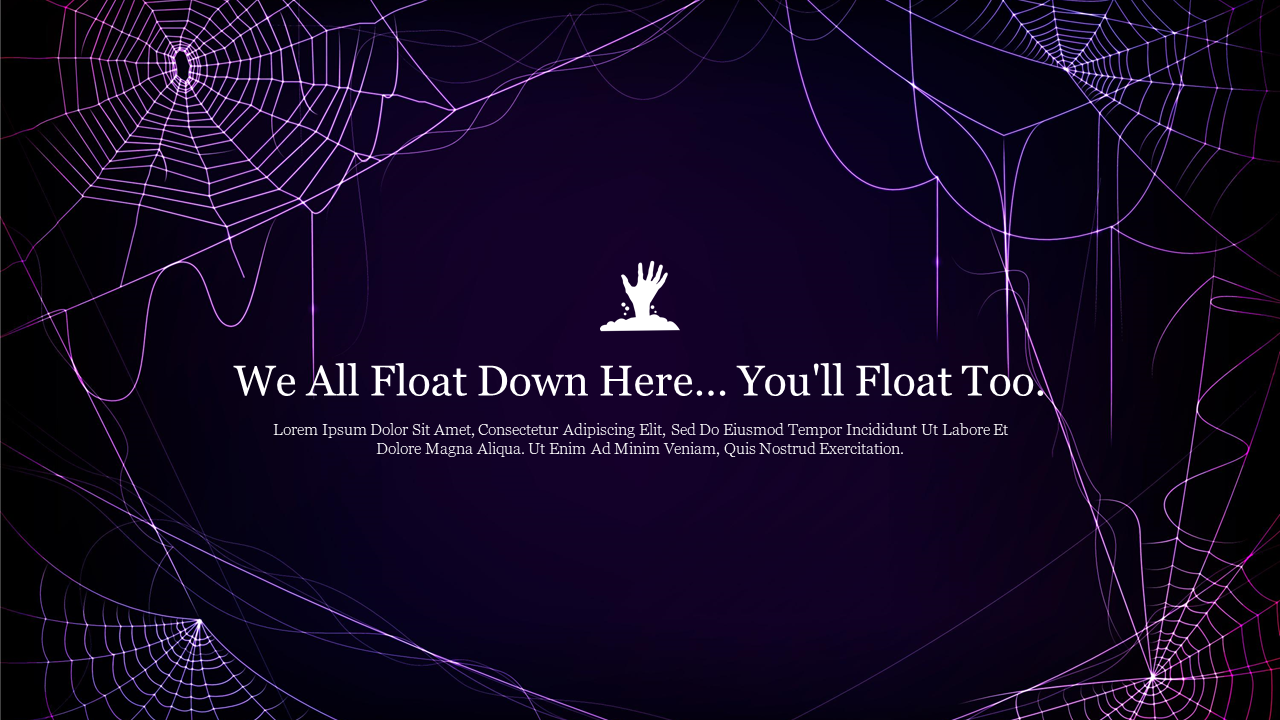 Spooky dark layout with a web design in the corners, featuring an icon of a hand, against a purple gradient background.