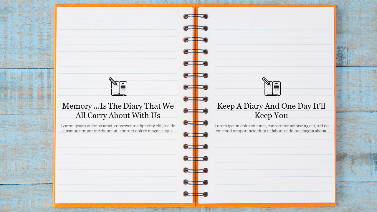 Spiral-bound notebook open to two pages, each with a different quote about diaries, and icons of a pencil and paper.