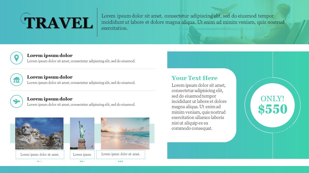 Slide design featuring travel icons, destination images, and a promotional price for a tourism package.