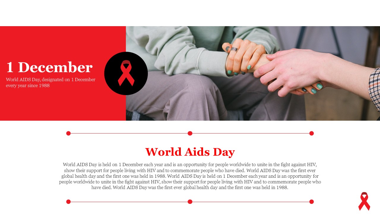 World AIDS Day presentation slide with a red ribbon symbol and hands holding, commemorating the fight against HIV.