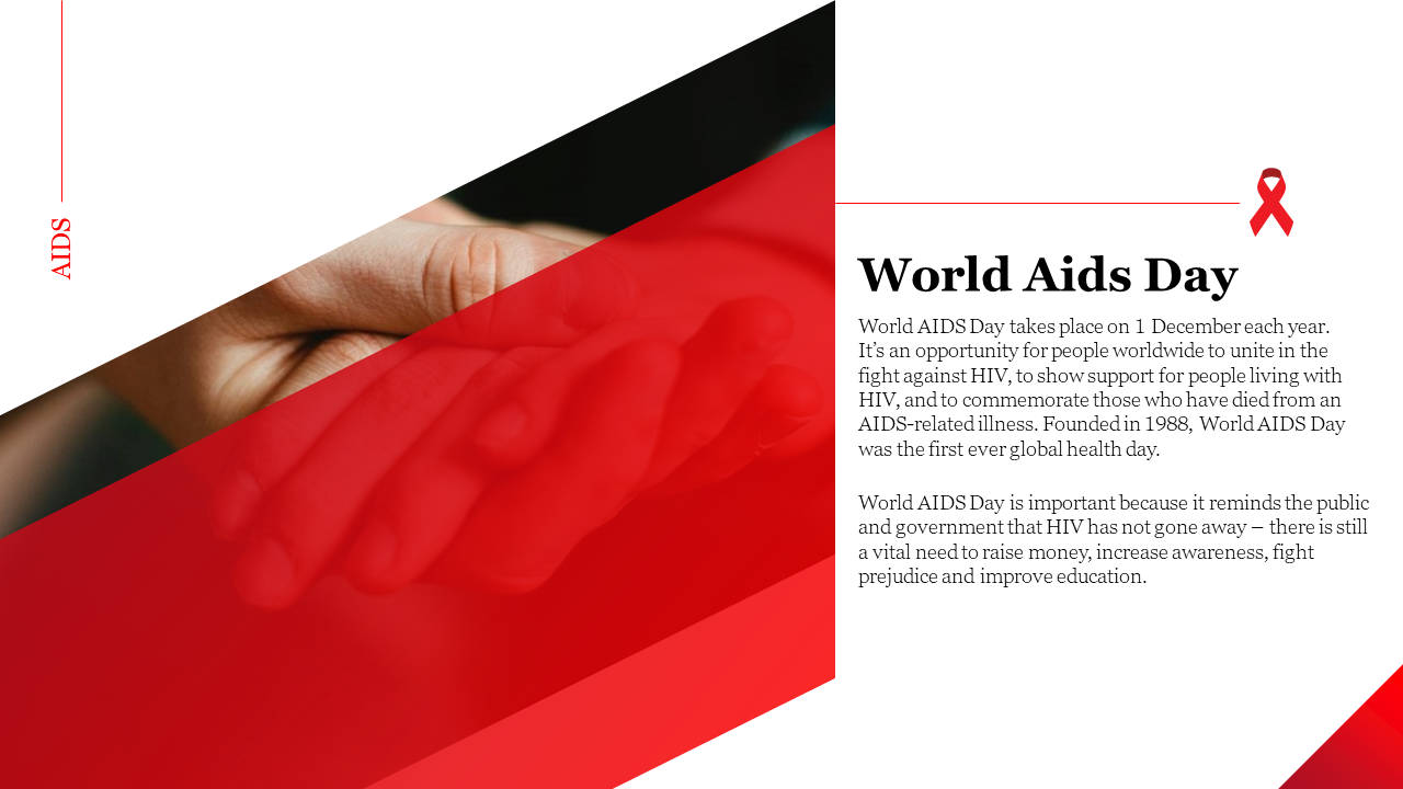 World AIDS day slide with bold red and white triangular shapes, featuring an image of hands and a ribbon icon, with text.