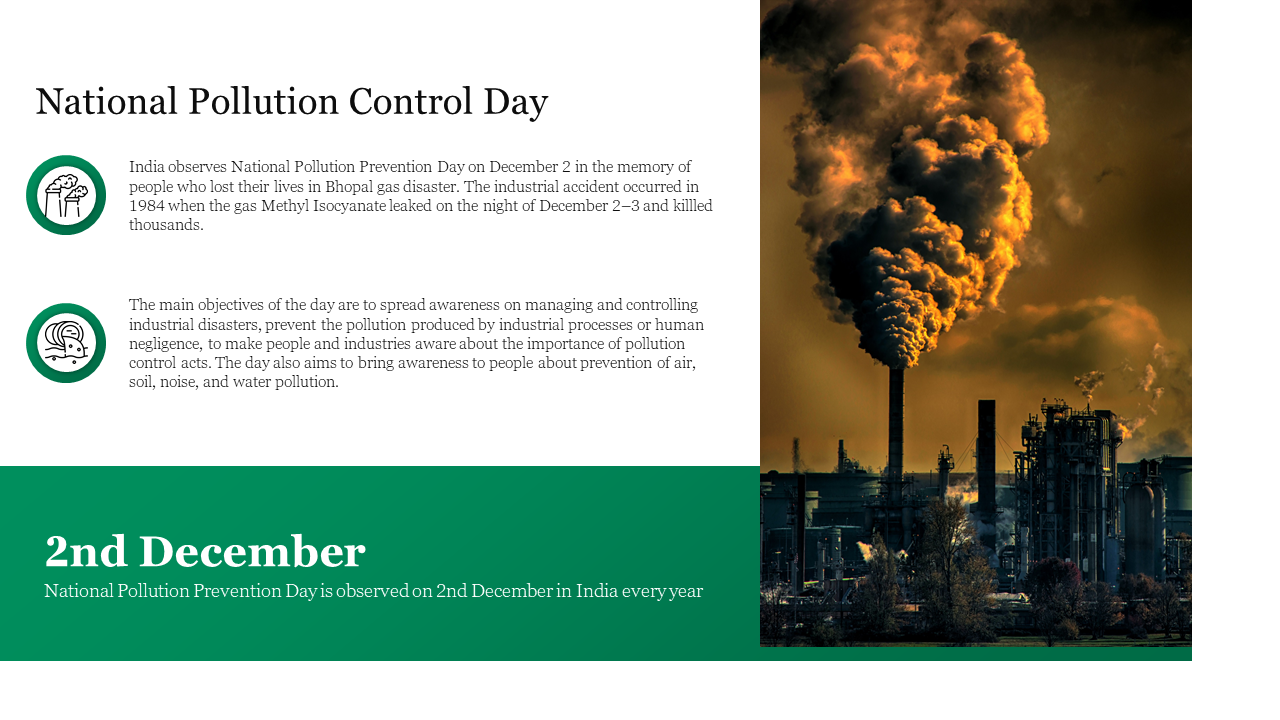 Slide for national pollution control day featuring a factory emitting smoke, with text discussing the day’s significance.