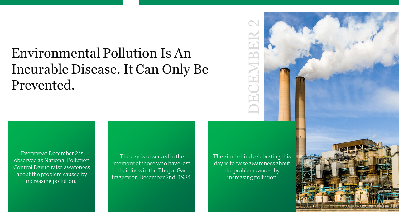 Graphic design showcasing key details about national pollution control day slide featuring a photo of industrial pollution.