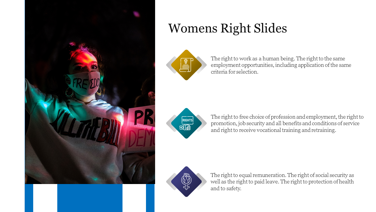 Women rights slide featuring three diamond icons in yellow, blue, and purple, with a protest photo on the left.