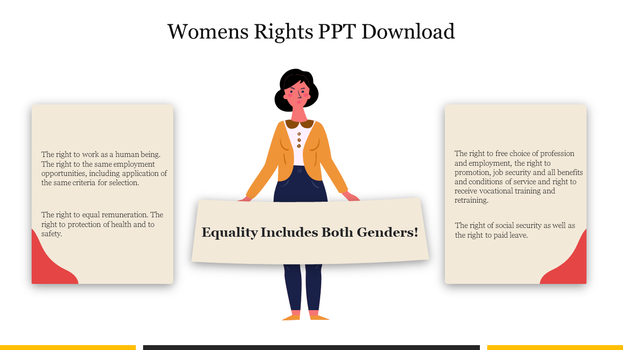 Illustration of a woman holding a banner with two information cards on either side, highlighting equal rights.