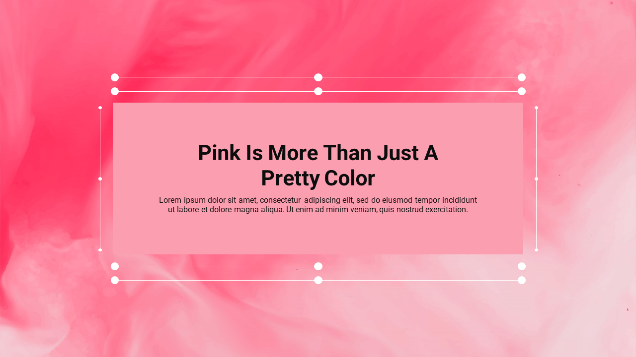 PowerPoint slide with a pink gradient watercolor background, a pink and white rectangle at center with caption area.