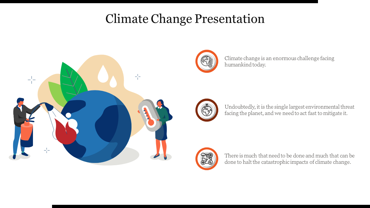 Climate change slide with an illustration of the Earth on fire, people trying to cool it down, text with icons on the right.