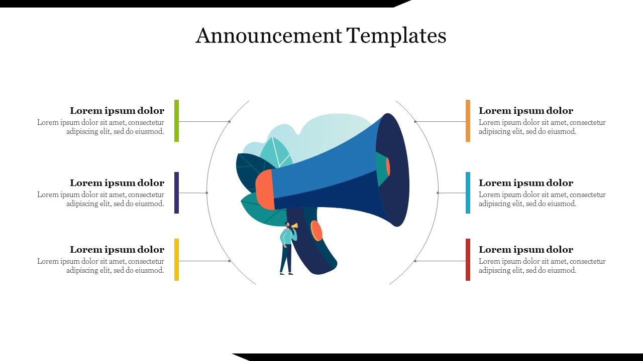 Announcement slide with a large megaphone illustration in the center and text placeholders around it.