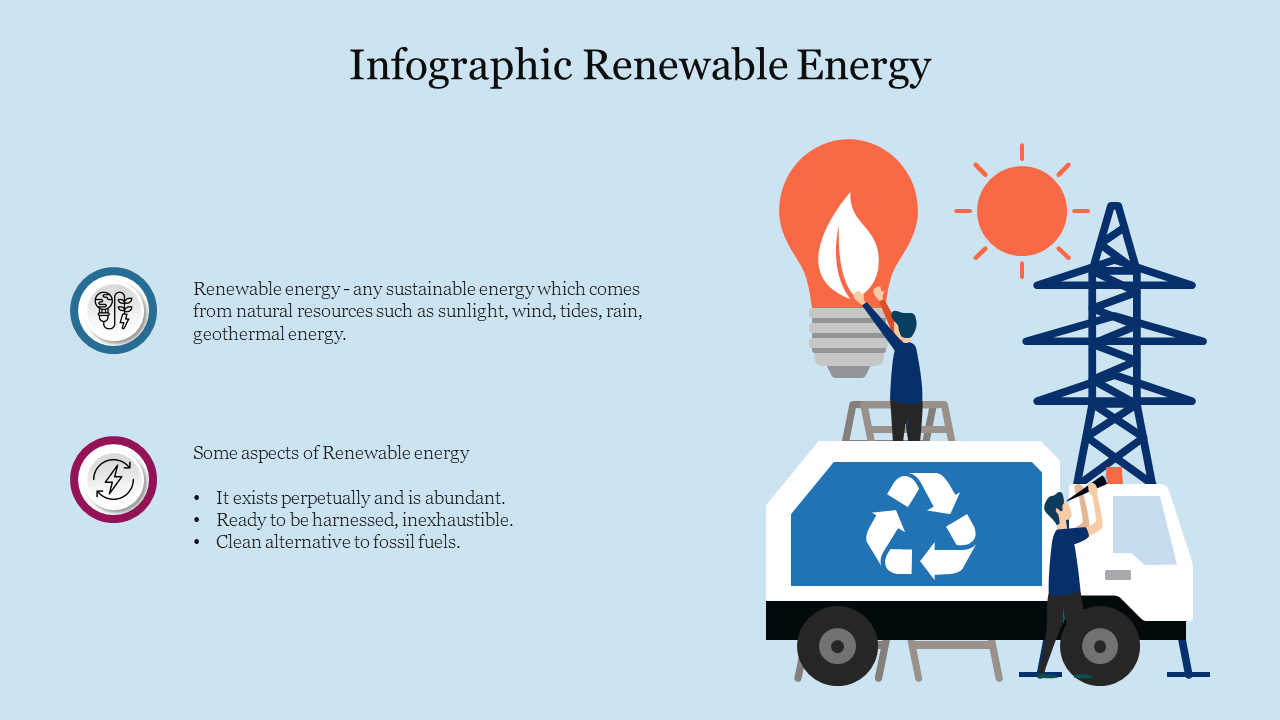 Illustration with a recycling truck, light bulb, sun, and icons on blue background, showing renewable energy concepts.