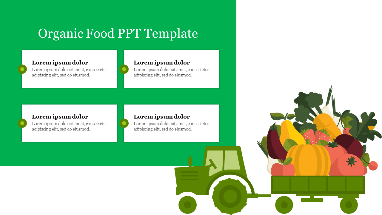 Organic food  template with four white text boxes, green accents, and a graphic of a tractor carrying various vegetables.