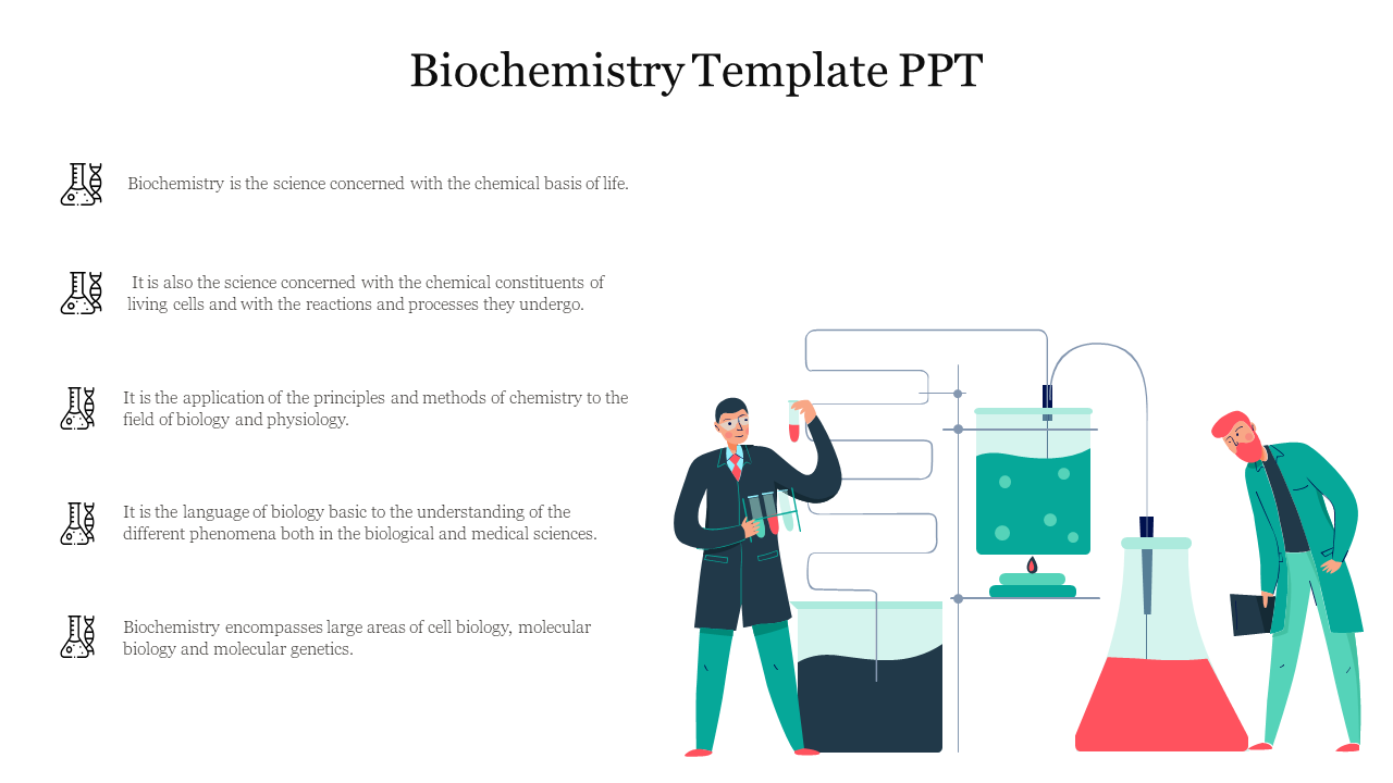 Lab setup of two scientists working on flasks and tubes with colorful liquids and five captions on the left.