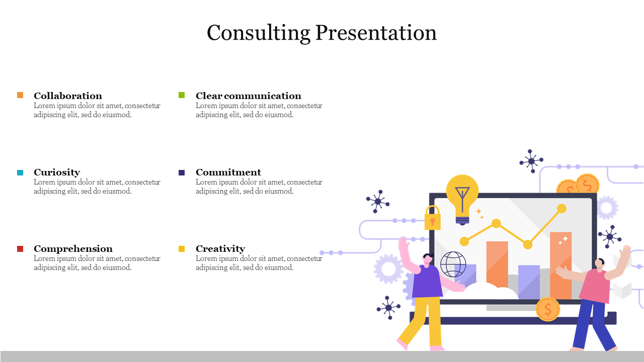 Six colorful text boxes aligned in pairs, featuring icons and an illustration of charts and people on the right.