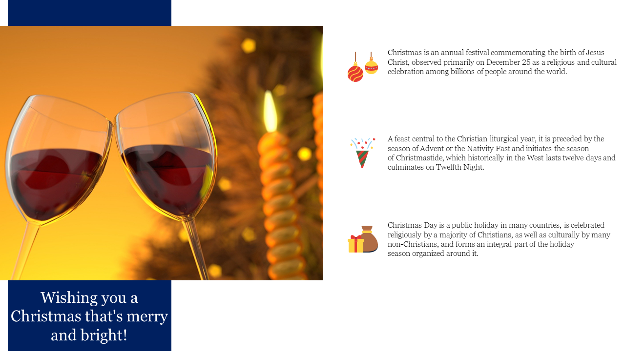 A warm Christmas themed PowerPoint slide with wine glasses clinking and festive icons, wishing a merry and bright Christmas.