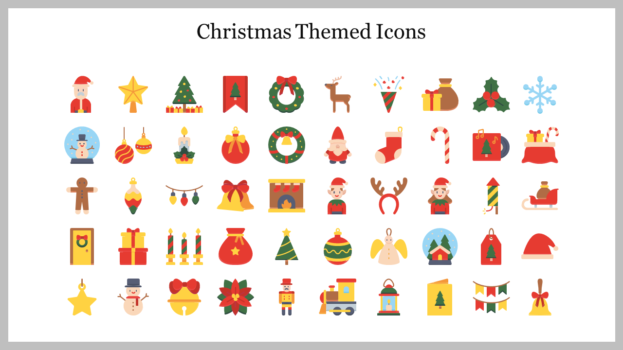 A vibrant collection of colorful christmas themed icons featuring festive elements displayed in a grid format.