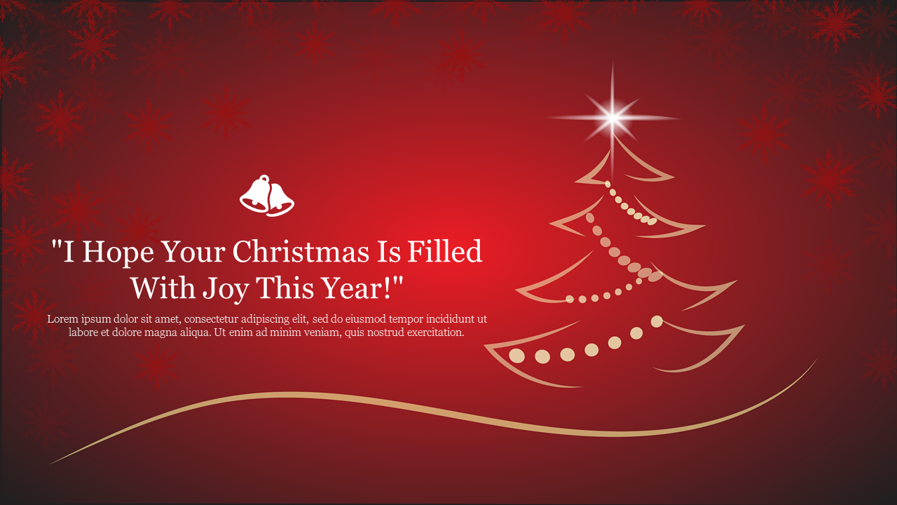 Christmas slide with a red background featuring snowflakes, a golden outlined tree design, and a festive message.