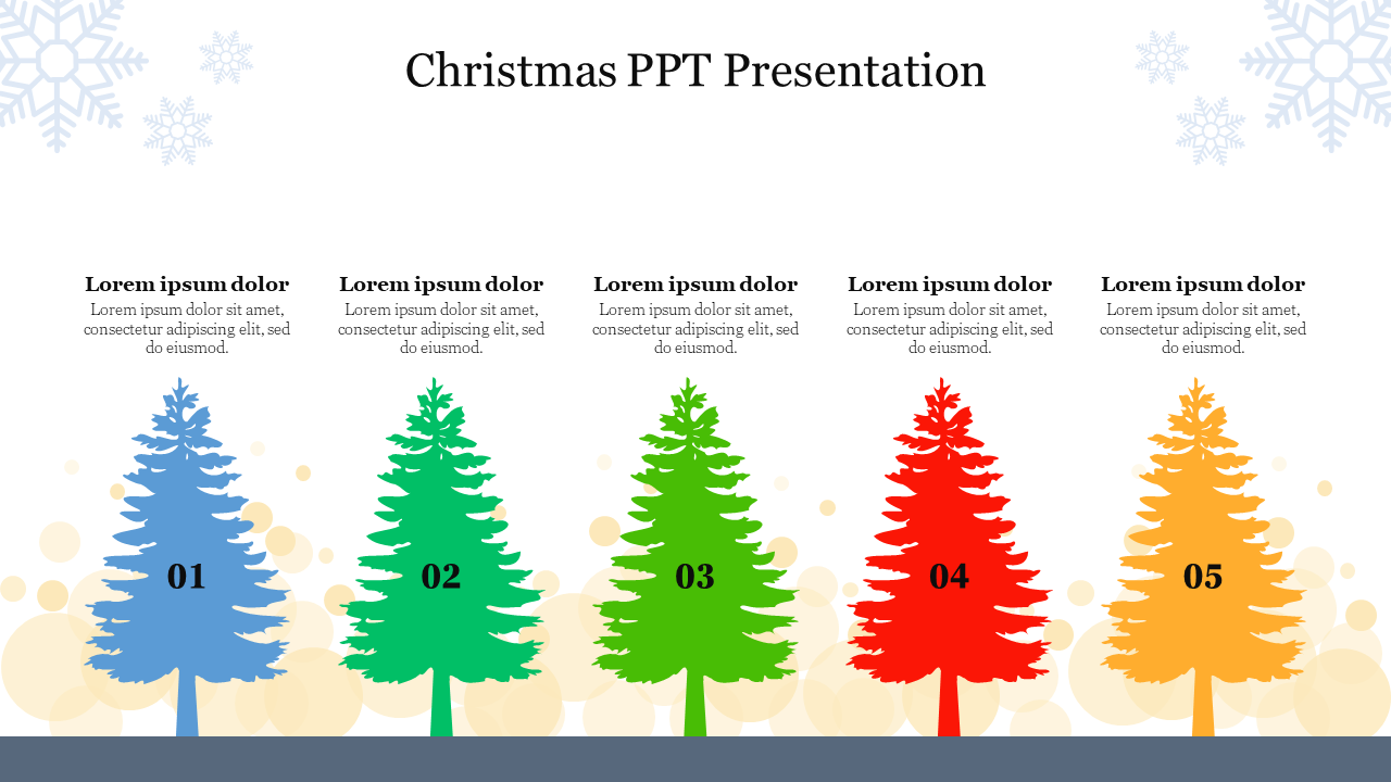 Christmas slide with five numbered trees in blue, teal, green, red, and yellow, with a soft snowflake and bubble background.